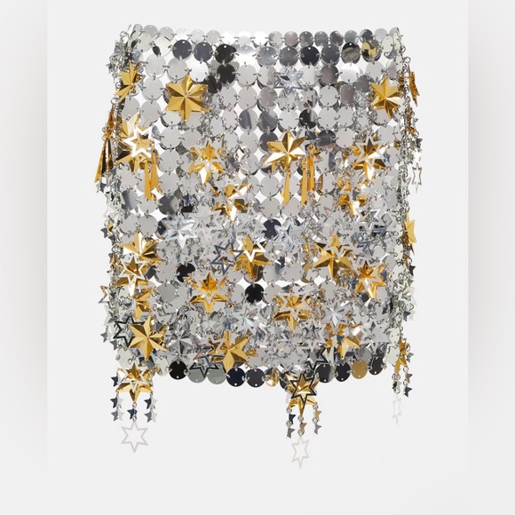RABANNE Round & Star Sequined Mesh Mini Skirt In Silver - Picture 1 of 7